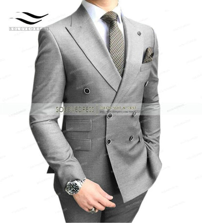 Double Breasted Peak Lapel Gentleman Grey Blazer Two Pieces Mens Suit with Pants Formal Silver Jacket For Wedding Groom Tuxedos