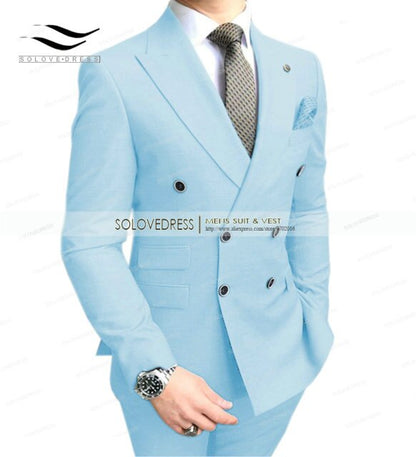 Double Breasted Peak Lapel Gentleman Grey Blazer Two Pieces Mens Suit with Pants Formal Silver Jacket For Wedding Groom Tuxedos