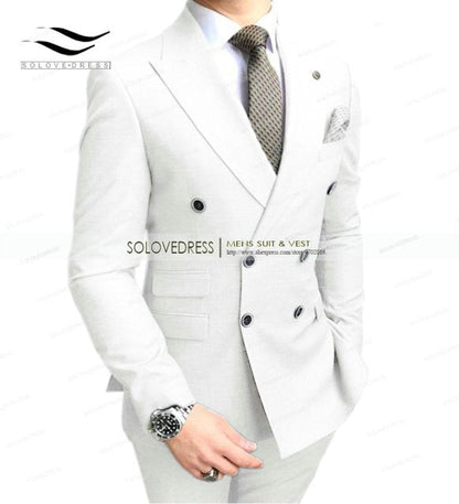 Double Breasted Peak Lapel Gentleman Grey Blazer Two Pieces Mens Suit with Pants Formal Silver Jacket For Wedding Groom Tuxedos