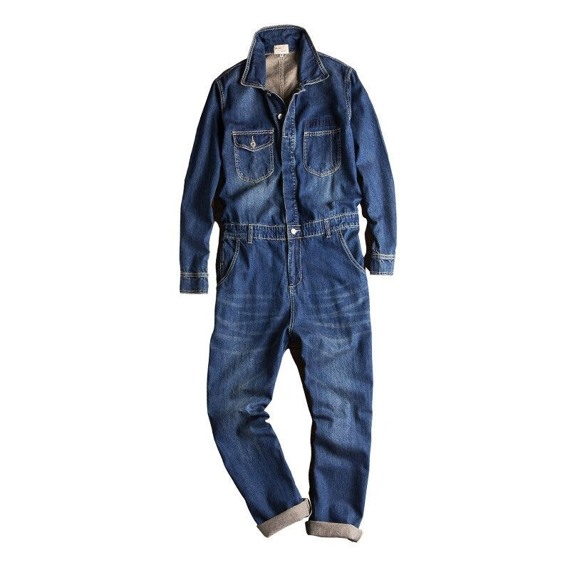 Gbolsos Spring And Autumn Men's Denim Jumpsuits Long Sleeve Lapel Overalls Blue Jeans Hip Hop Cargo Pants Fashion Freight Trousers