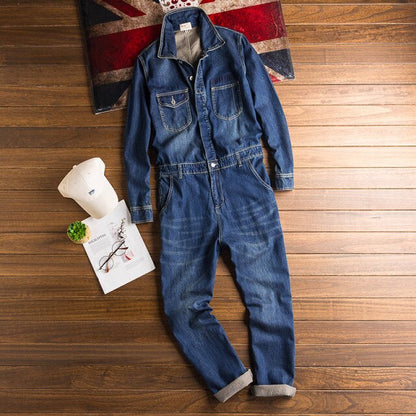 Gbolsos Spring And Autumn Men's Denim Jumpsuits Long Sleeve Lapel Overalls Blue Jeans Hip Hop Cargo Pants Fashion Freight Trousers