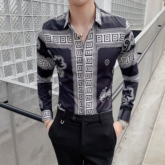 Gbolsos Retro Dragon Print Men Shirt Long Sleeve Shirts Fashion Casual Slim Fit Dress Shirts Night Club Party Social Streetwear Camisa