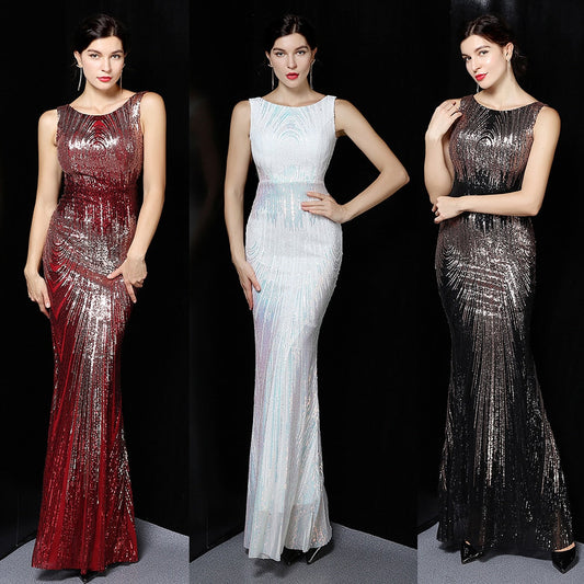 XUCTHHC O-neck Sleeveless Shinning Sequins Elegant Mermaid Evening Dress Women Formal Floor Length Party Prom Gowns Stretch Robe