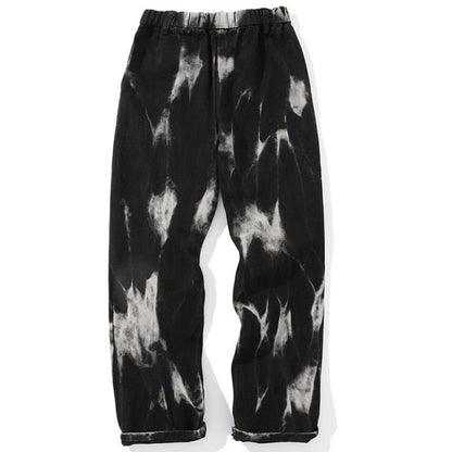 Aolamegs Jeans Men Tie Dye Print Diablo Style Denim Pants Baggy Elastic Waist Straight Trousers High Street Punk Cool Streetwear