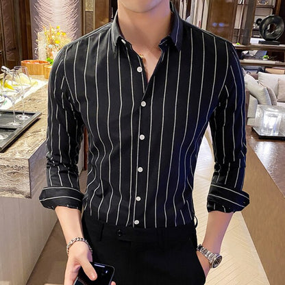 Gbolsos Korea Style Handsome Fashion Mens Shirts Button Down Slim Fit Long Sleeve Striped Shirts Asain Size