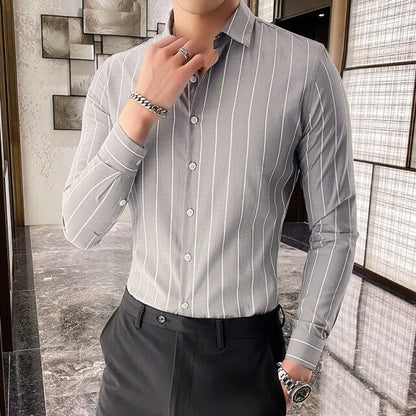 Gbolsos Korea Style Handsome Fashion Mens Shirts Button Down Slim Fit Long Sleeve Striped Shirts Asain Size