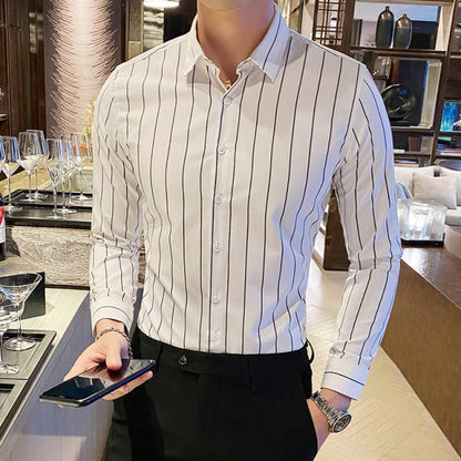 Gbolsos Korea Style Handsome Fashion Mens Shirts Button Down Slim Fit Long Sleeve Striped Shirts Asain Size