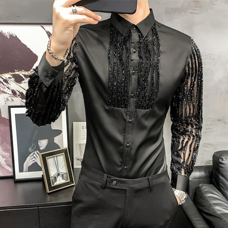 High Quality Transparent Men Shirt Long Sleeve Club Party Shirt Social Party Blouse Slim Fit Luxury Dress Shirt Camisa Masculina