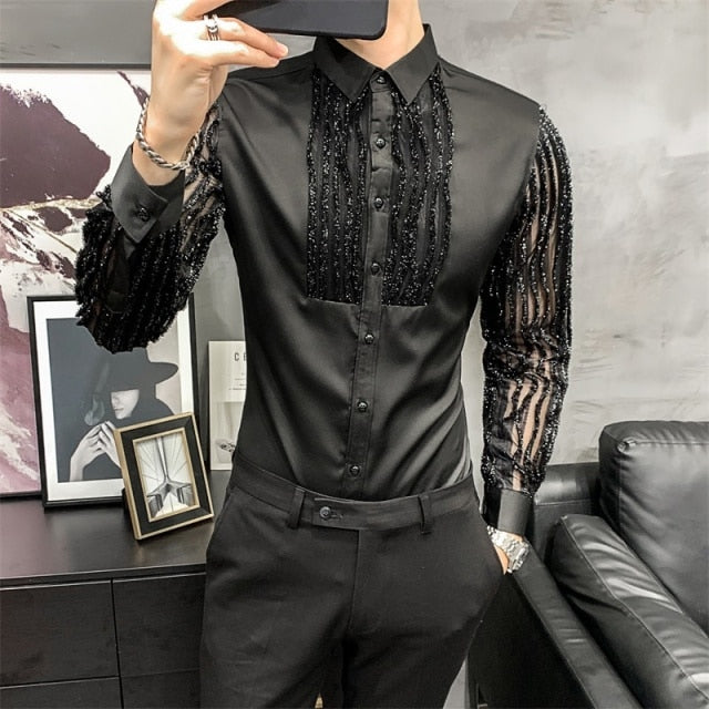 High Quality Transparent Men Shirt Long Sleeve Club Party Shirt Social Party Blouse Slim Fit Luxury Dress Shirt Camisa Masculina