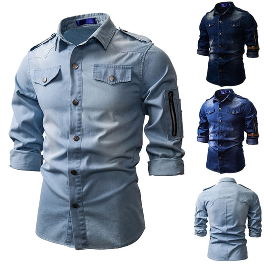 Men Denim Jeans Shirt Autumn Long Sleeved Shirts Casual Slim Retro Denim Tops