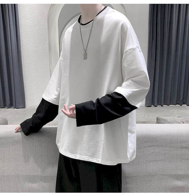 GbolsosLong Sleeve Fake Two-piece T Shirt Striped Big Shirts Men Clothing Men Fashion 2021 New Oversized Tees Clothes Tshirt