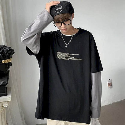 GbolsosLong Sleeve Fake Two-piece T Shirt Striped Big Shirts Men Clothing Men Fashion 2021 New Oversized Tees Clothes Tshirt