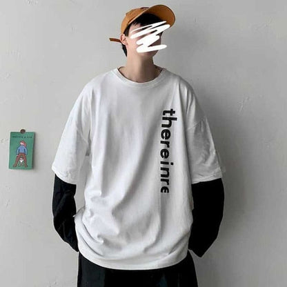 GbolsosLong Sleeve Fake Two-piece T Shirt Striped Big Shirts Men Clothing Men Fashion 2021 New Oversized Tees Clothes Tshirt