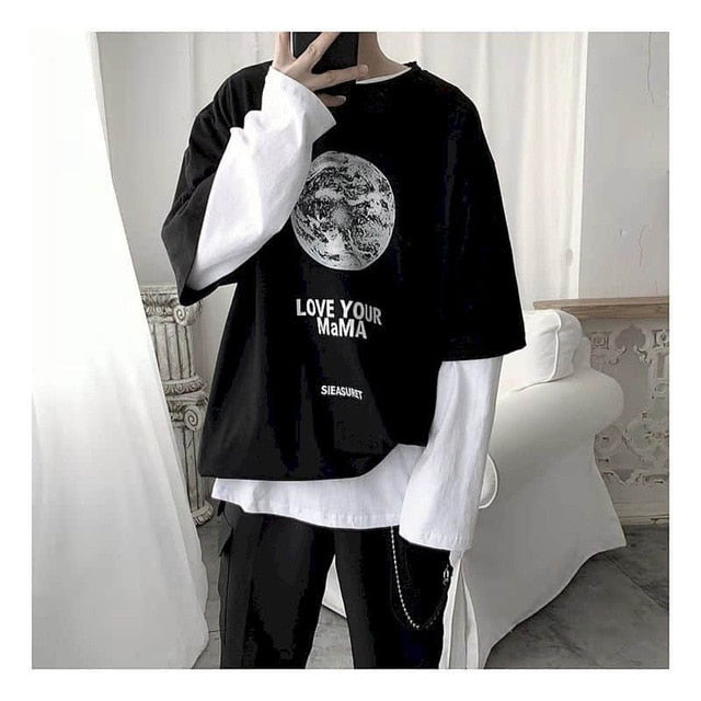 GbolsosLong Sleeve Fake Two-piece T Shirt Striped Big Shirts Men Clothing Men Fashion 2021 New Oversized Tees Clothes Tshirt