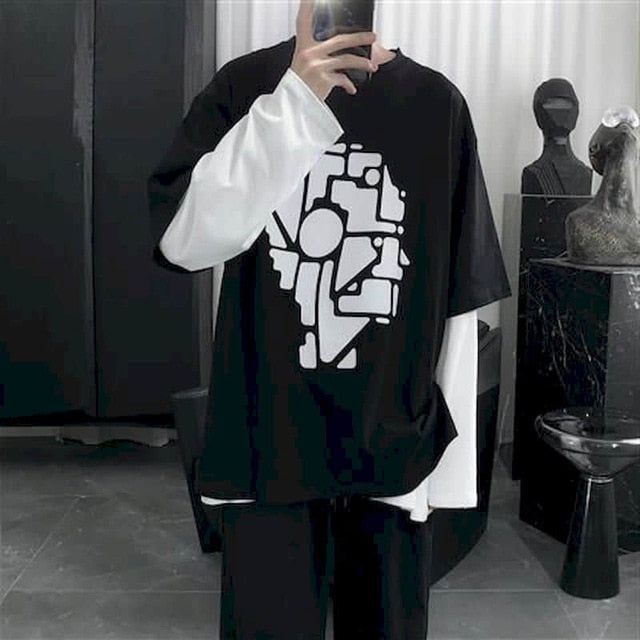 GbolsosLong Sleeve Fake Two-piece T Shirt Striped Big Shirts Men Clothing Men Fashion 2021 New Oversized Tees Clothes Tshirt