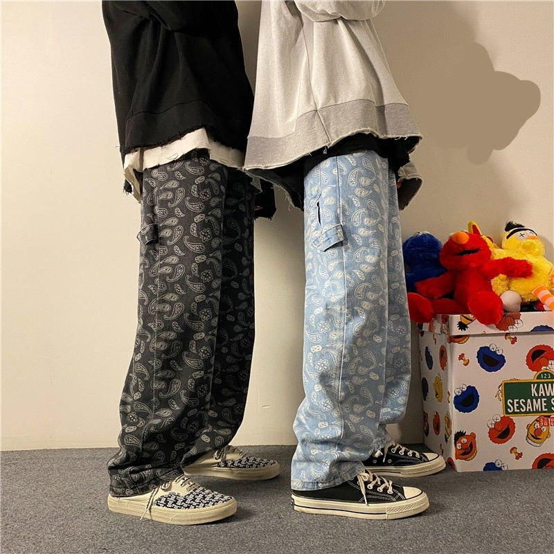 Gbolsos Men's graphic Printing Summer Straight Jeans Man Korean Fashion Hip Hop Jeans Joggers Male Loose Denim Pants Clothing