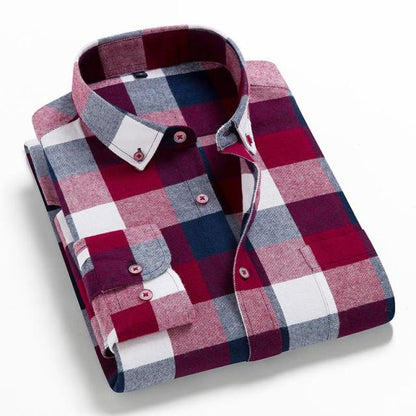 Men's Plaid Cotton Shirt Chest Pocket Smart Casual Classic Contrast Standard-fit Long Sleeve Dress Shirts