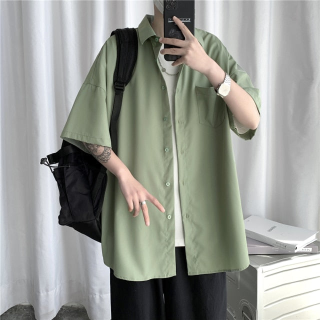 GbolsosMen's Solid Color Shirts 2021 Summer Fashion Woman Short Sleeve Shirt Casual Oversize Tops Male Clothing