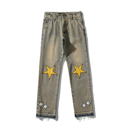 High Street Five Stars Embroidery Retro Casual Jeans Mens Harajuku Straight Washed Oversize Loose Denim Trousers