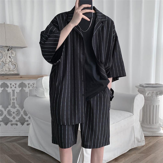 Gbolsos2021 Summer Men Set Shirts and Shorts Lightweight Letter Striped Half Sleeve Knee-Length Baggy Short Oversize Suit Clothing Man