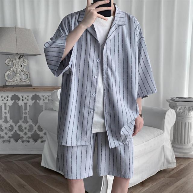 Gbolsos2021 Summer Men Set Shirts and Shorts Lightweight Letter Striped Half Sleeve Knee-Length Baggy Short Oversize Suit Clothing Man