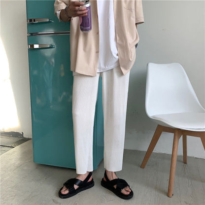 Pleated Straight Pants Men's Fashion Elastic Waist Casual Pants Men Streetwear Loose Ice Silk Trousers Mens Wide Leg Pants S-2XL