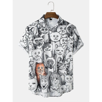 Hawaiian Shirts Mens Halloween Allover Funny Cat Print Casual Short Sleeve Shirts Men Summer Beach Blouse Tops Chemise Homme