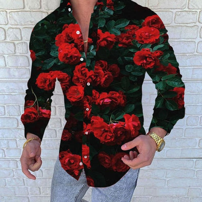 Gbolsos2021 New Punk Style Men's Silk Satin Digital printing Shirts Male Slim Fit Long Sleeve Flower Print Casual Party Shirt Tops