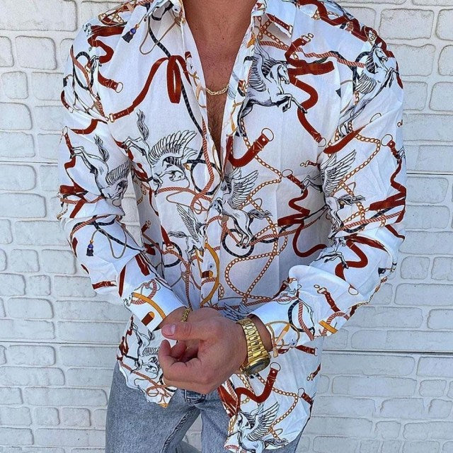 Gbolsos2021 New Punk Style Men's Silk Satin Digital printing Shirts Male Slim Fit Long Sleeve Flower Print Casual Party Shirt Tops