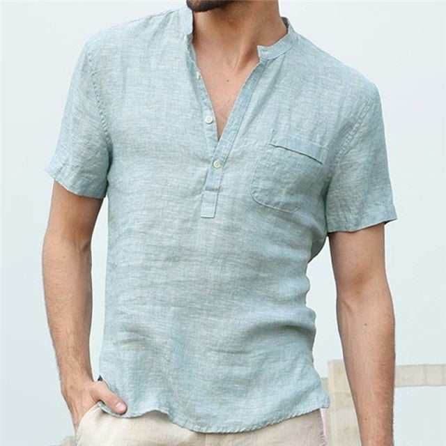 Gbolsos Men's Flax Linen T-Shirt Casual V-Neck Button Down T-Shirts Slim Fit Cotton Linen Short Sleeve Basic Top Male Breathable