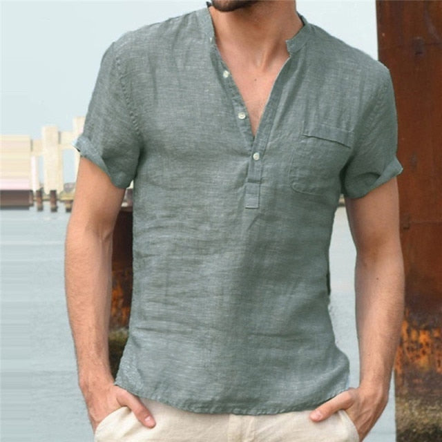 Gbolsos Men's Flax Linen T-Shirt Casual V-Neck Button Down T-Shirts Slim Fit Cotton Linen Short Sleeve Basic Top Male Breathable