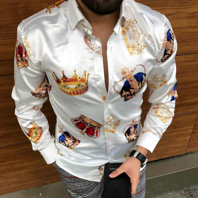 Gbolsos2021 New Punk Style Men's Silk Satin Digital printing Shirts Male Slim Fit Long Sleeve Flower Print Casual Party Shirt Tops