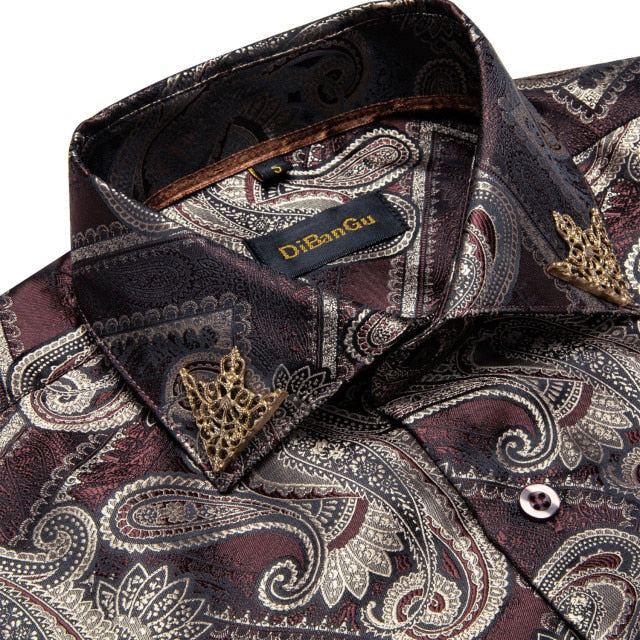 Fashion Royal Blue Paisley Men Shirts Business Casual Long Sleeve Slim Fit Dress Shirt Soft Comfort Men 100% Silk Shirt DiBanGu