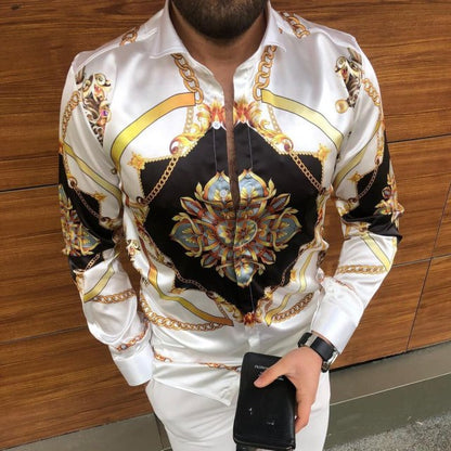 Gbolsos2021 New Punk Style Men's Silk Satin Digital printing Shirts Male Slim Fit Long Sleeve Flower Print Casual Party Shirt Tops