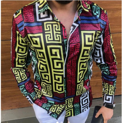 Gbolsos2021 New Punk Style Men's Silk Satin Digital printing Shirts Male Slim Fit Long Sleeve Flower Print Casual Party Shirt Tops