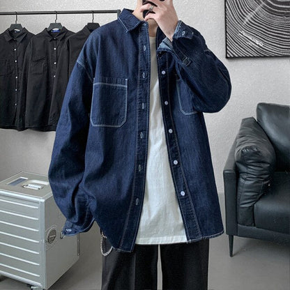 Vintage Hong Kong style blue denim shirt men spring loose long sleeves jacket