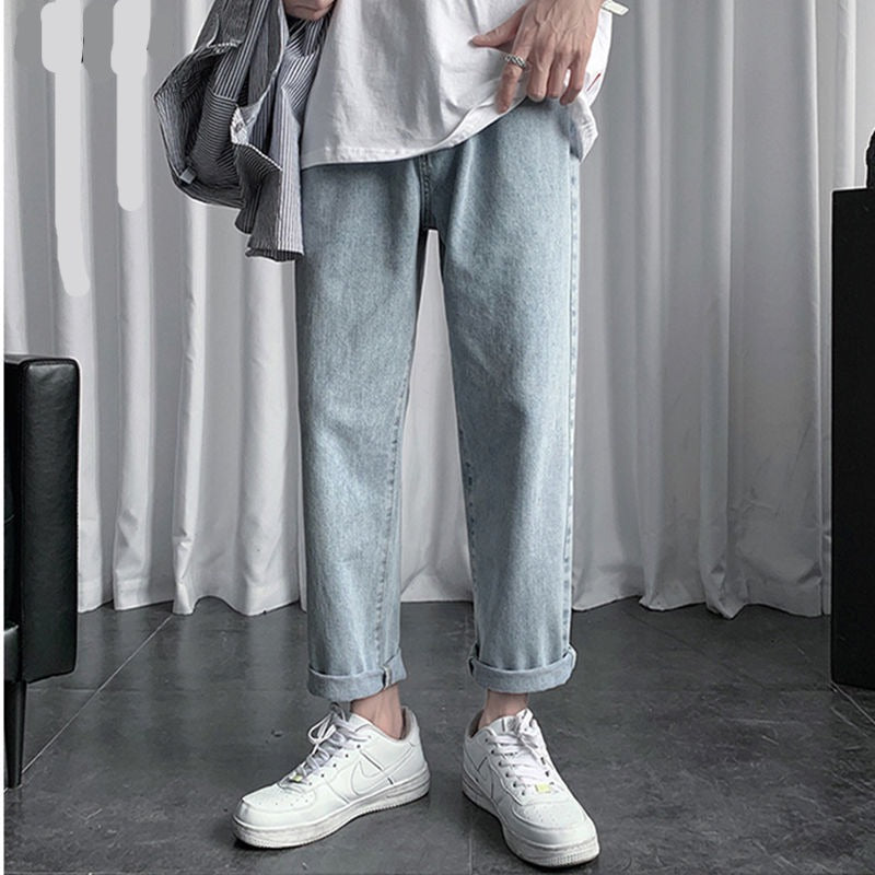 gbolsos  Men Blue Jeans Ankle-length Denim Solid Large Size 3XL Spring Chic Leisure All-match Korean Style Mens Trousers Teens Bf Ulzzang